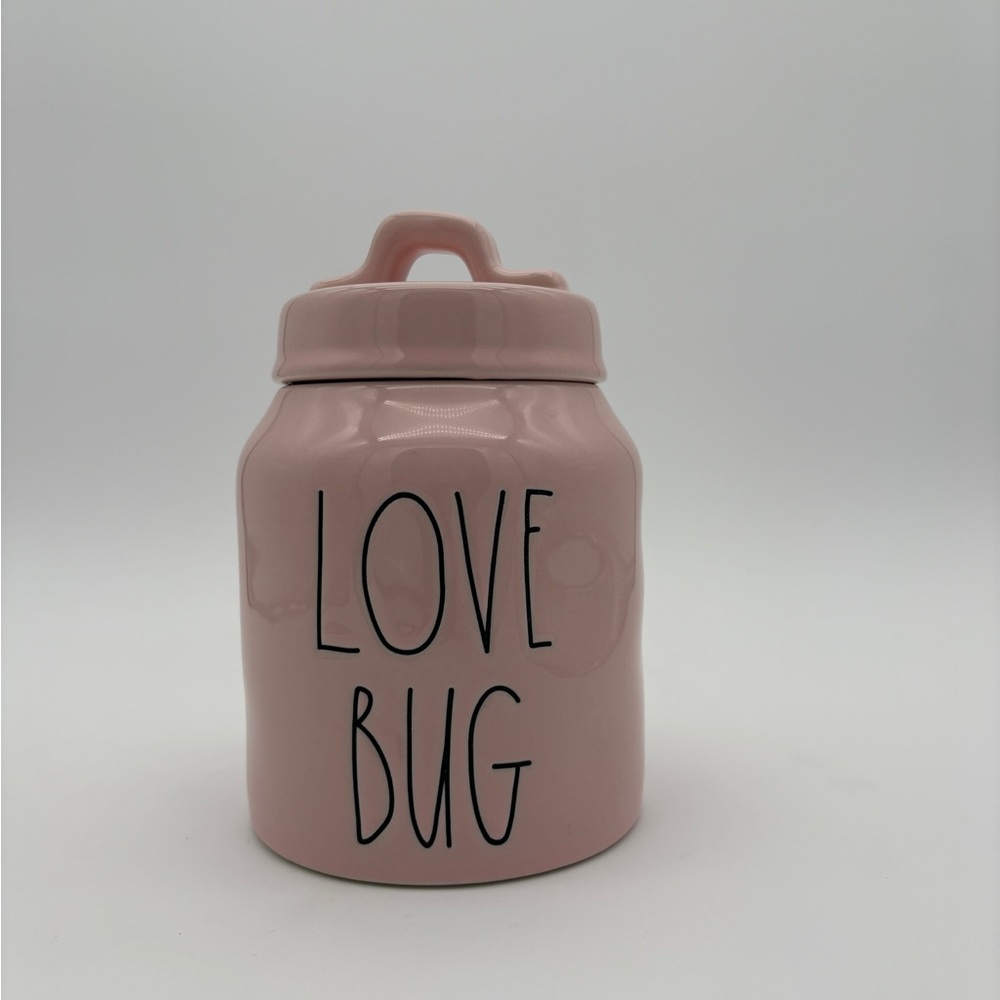 Pre Owned RaeDunn Pink With Green Text Valentine Theme Love Bug Canister And Lid